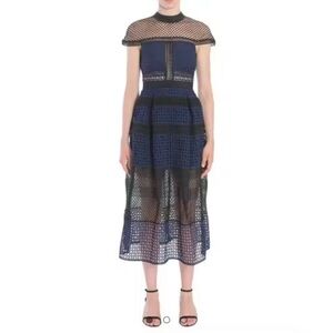 SELF PORTRAIT CROSSHATCH MIDI GUIPURE LACE DRESS NAVY SIZE 8